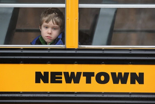Newtown child on bus Newtown child on bus